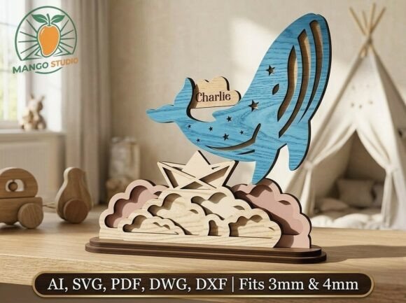 Download 3D Whale Nursery Name Sign Laser Cut SVG - Laser cut Collection