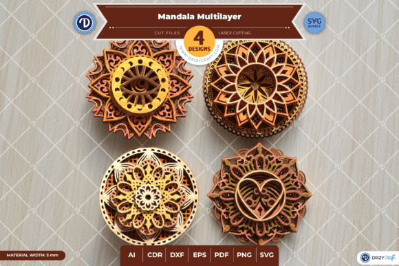 Download Mandala Set of 4 - Wood Laser Cut File - Laser cut Collection