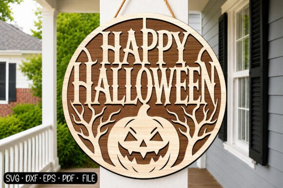 Download Happy Halloween Round Sign SVG Laser Cut - Laser cut Collection